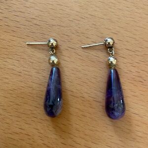 Dangling Purple Teardrop Pendant Earrings on Gold-Colored Posts